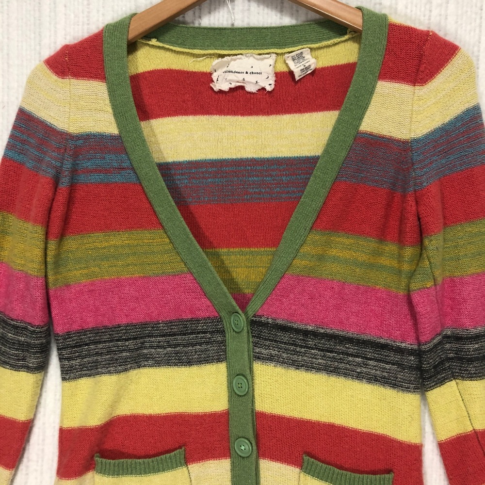 Coincidence & Chance Striped Cardigan Sweater‎ Green Trim Pockets Size M